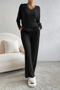 Ribbed V - Neck Top and Pants Lounge Set - CELIVINE