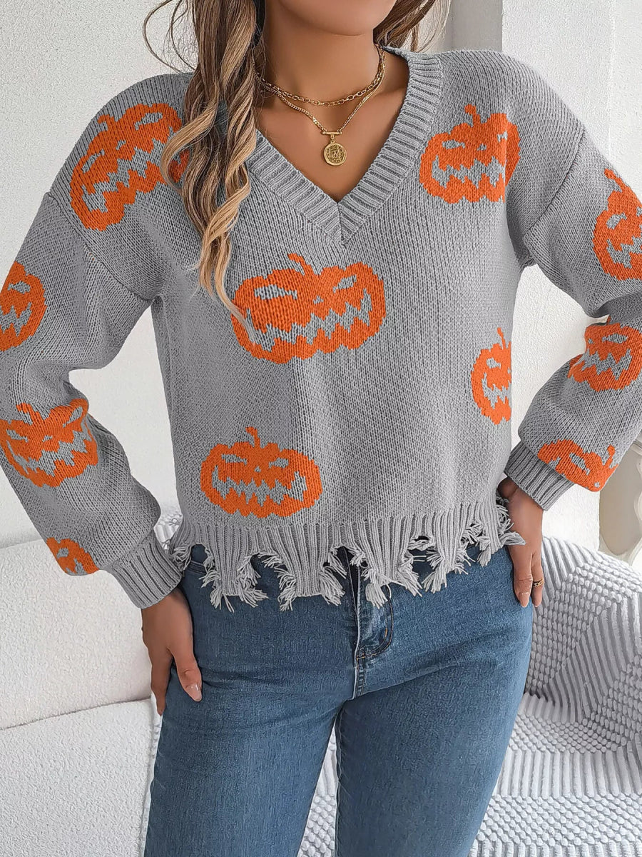 Halloween Pumpkin Pattern Raw Hem V - Neck Sweater - CELIVINE
