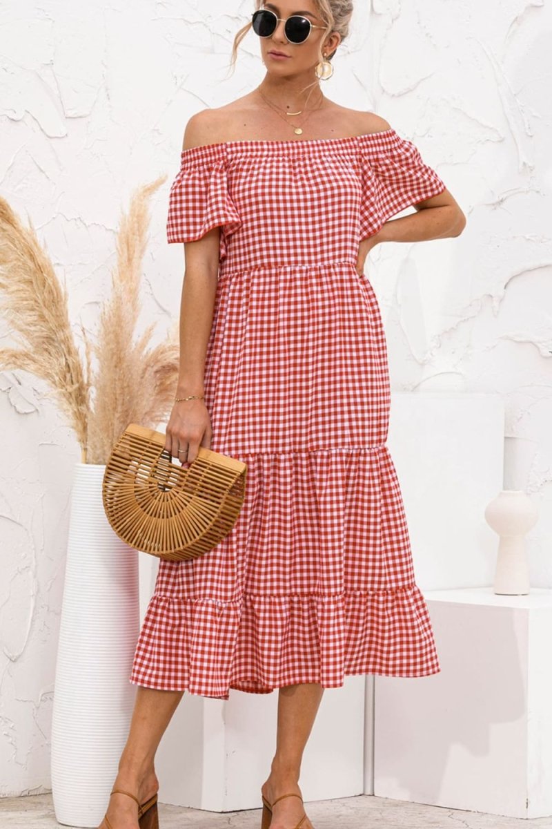 Plaid Off - Shoulder Tiered Midi Dress - CELIVINE