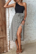 Striped One - Shoulder Slit Dress - CELIVINE