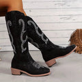 Embroidered Round Toe Block Heels Boots - CELIVINE