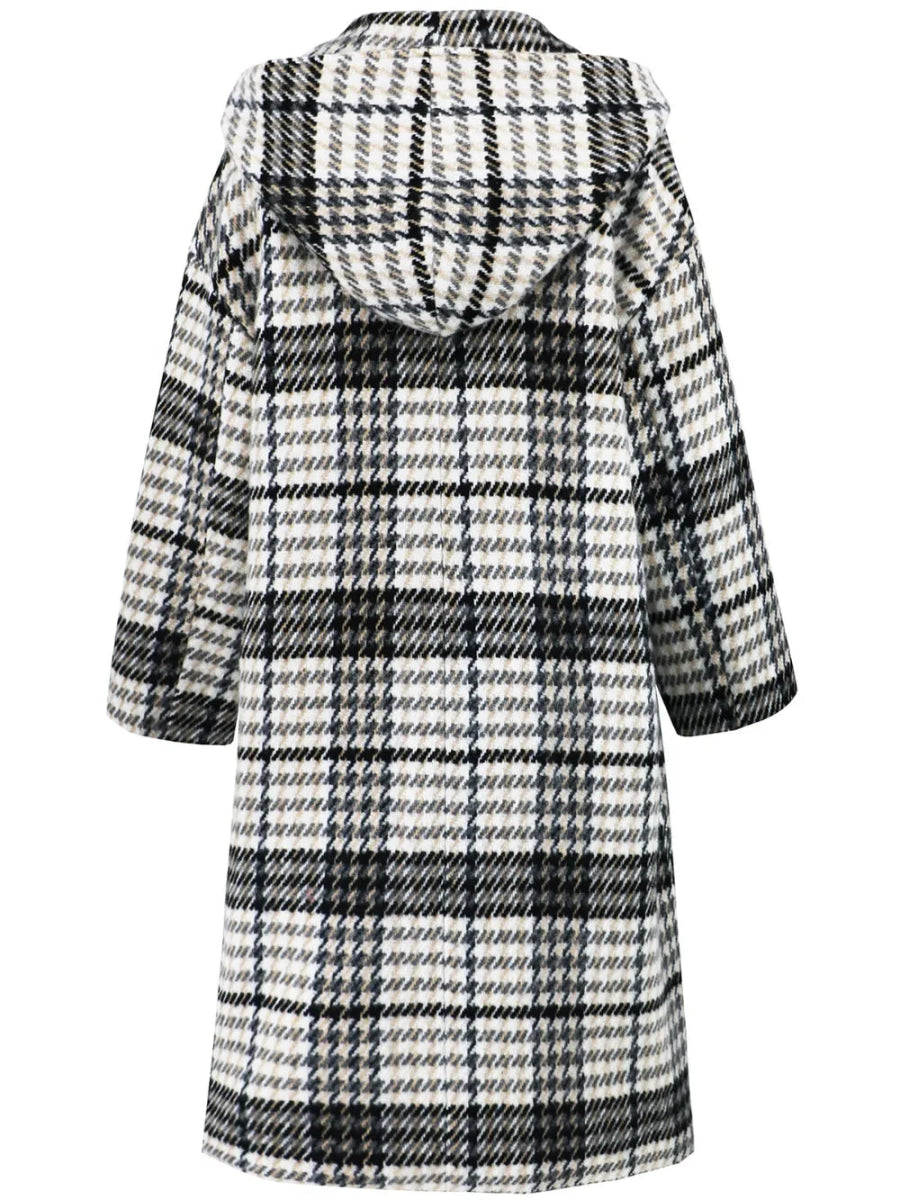 Plaid Double - Breasted Long Sleeve Longline Coat - CELIVINE