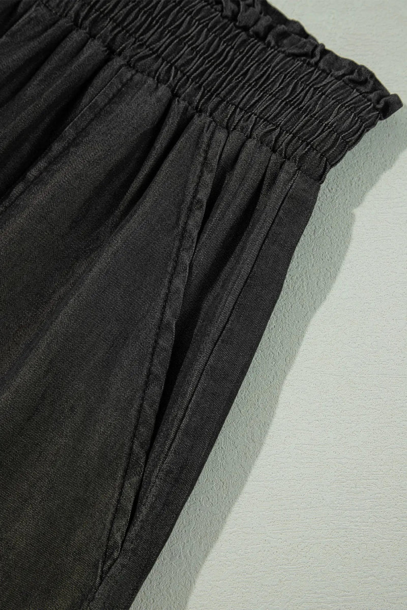 Side Pockets Frilled Smocked High Waist Wide Leg Pants - CELIVINE