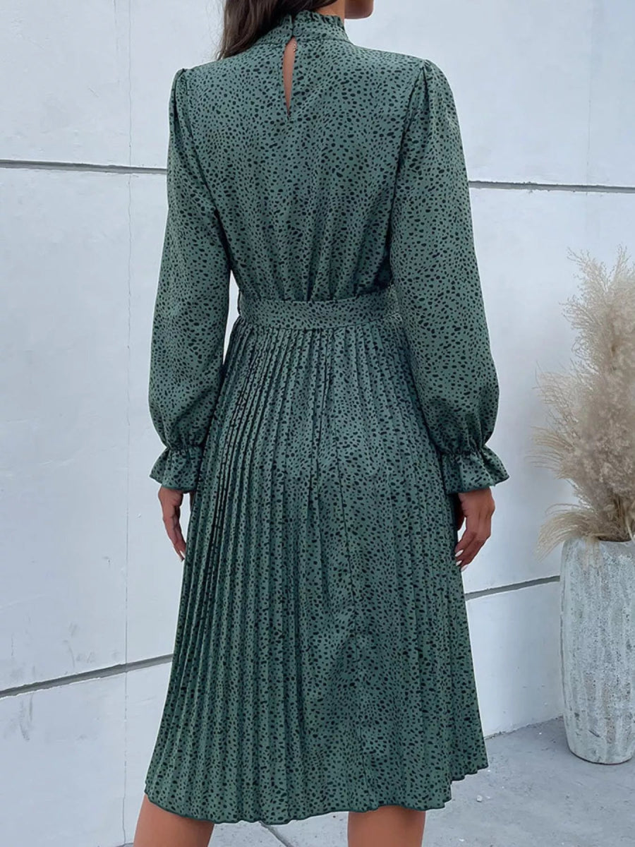 Animal Print Mock Neck Flounce Sleeve Dress - CELIVINE