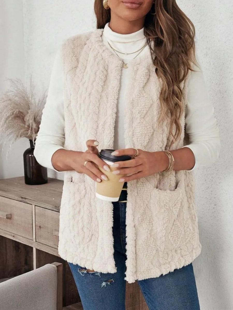 Fuzzy Open Front Vest with Pockets - CELIVINE