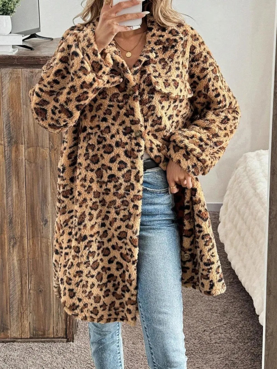 Leopard Button Up Long Sleeve Fuzzy Coat - CELIVINE