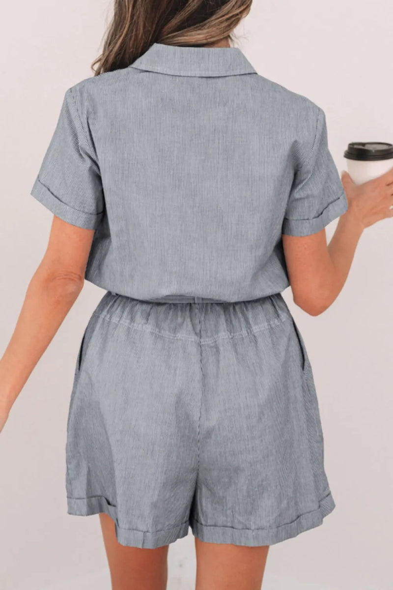 Stripe Chest Pockets Tie Waist Romper - CELIVINE