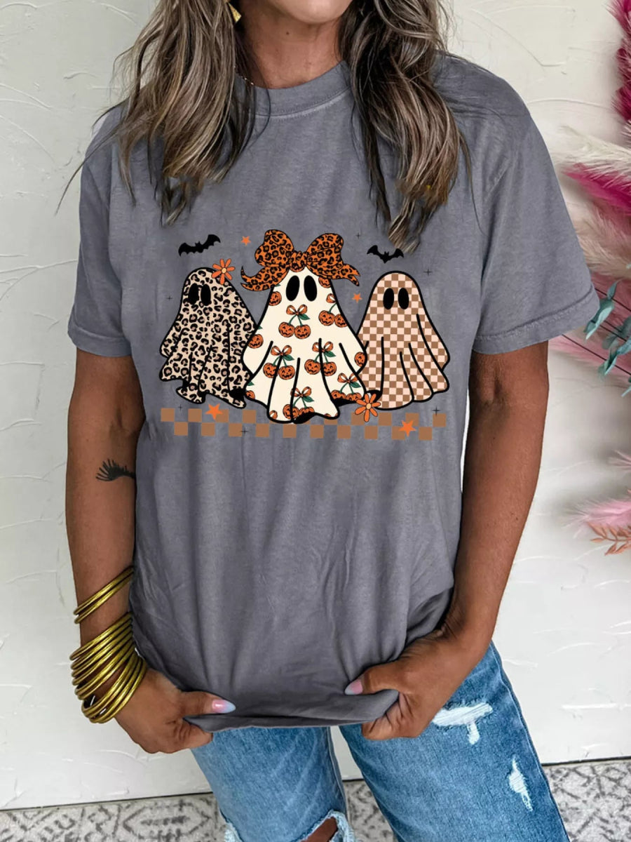 Halloween Ghost Round Neck Casual Tee - CELIVINE