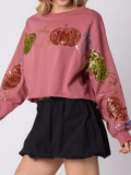 Sequined Pumpkin Halloween Crop Sweatshirt - CELIVINE