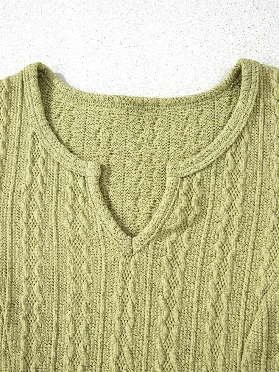 Textured Knit Slim Fit Notch V Neck Top - CELIVINE