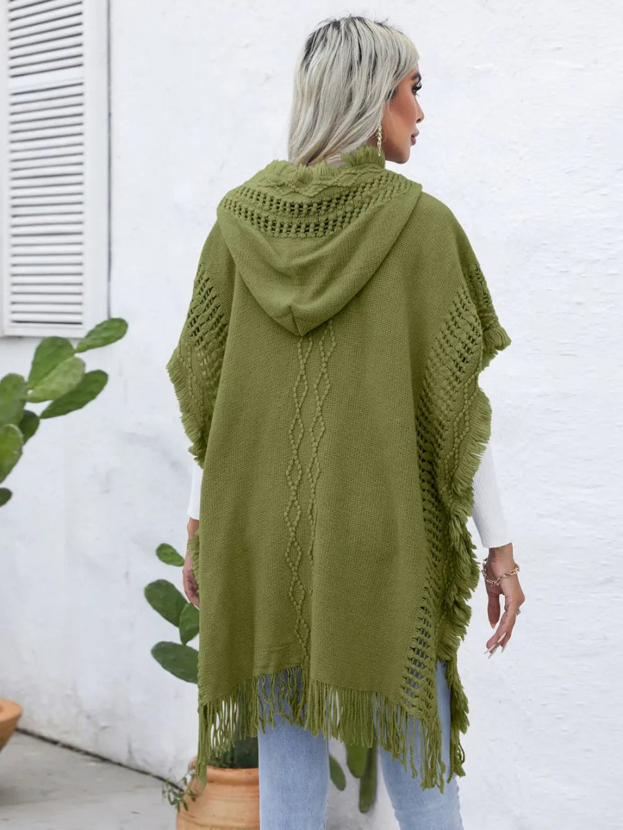 Fringe Trim Buttoned Hooded Poncho - CELIVINE
