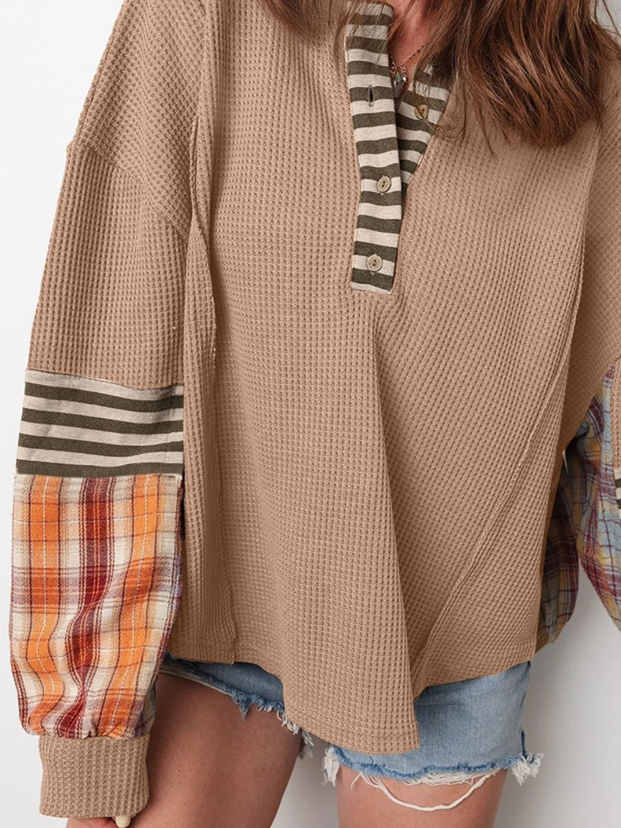 Waffle Stripe Plaid Patchwork Henley Knit Top - CELIVINE