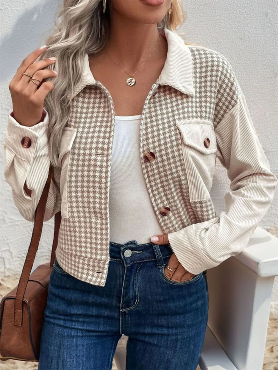 Perfee Pocketed Houndstooth Long Sleeve Jacket - CELIVINE