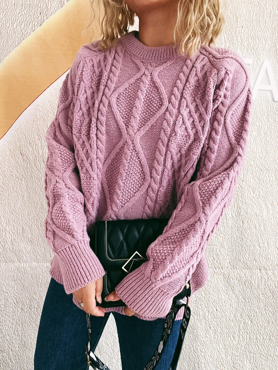 Cable Knit Long Sleeve Sweater - CELIVINE