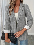 Single - Breasted Lapel Collar Plaid Blazer - CELIVINE