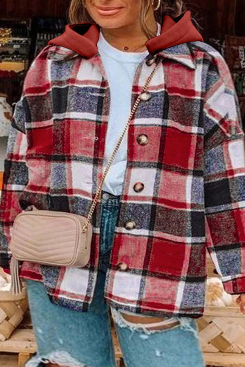 Plus Size Plaid Button Up Hooded Jacket - CELIVINE