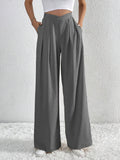 V - Waisted Ruched Front Wide Leg Pants - CELIVINE