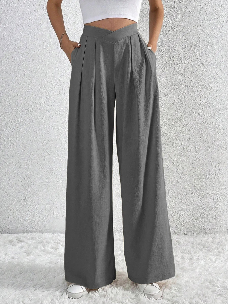 V - Waisted Ruched Front Wide Leg Pants - CELIVINE