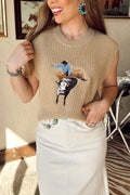 Western Cowboy Embroidery Round Neck Sleeveless Sweater - CELIVINE