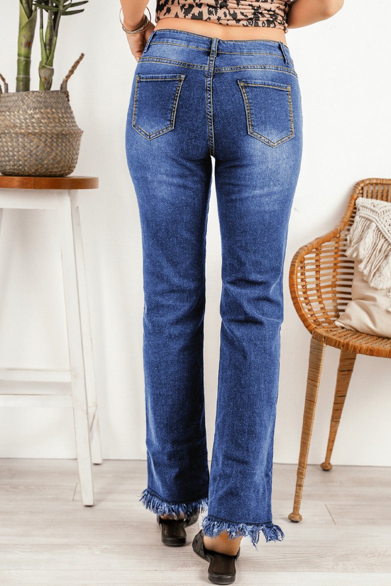 Ripped Frayed Hem Jeans - CELIVINE