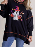 Halloween Ghost Sequin Exposed Seam Sweatshirt - CELIVINE