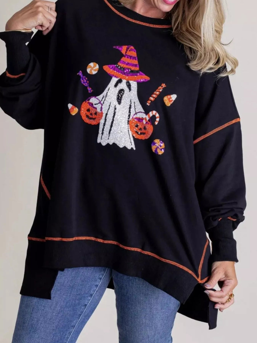 Halloween Ghost Sequin Exposed Seam Sweatshirt - CELIVINE