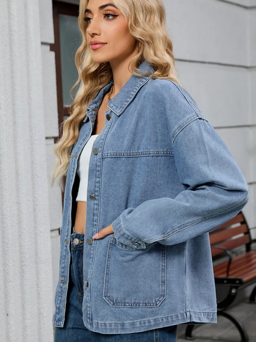 Washed Oversized Button Down Denim Jacket - CELIVINE