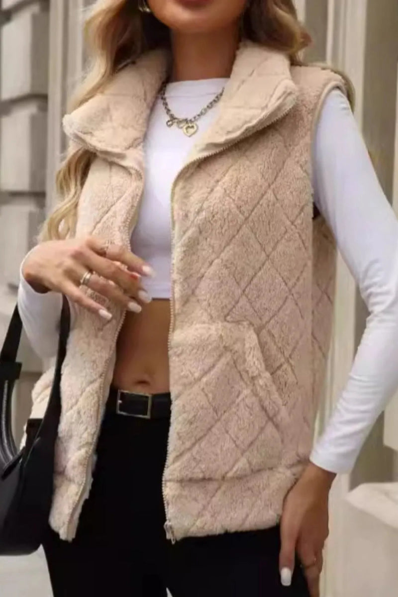 Fuzzy Plaid Texture Zip Up Vest Coat - CELIVINE