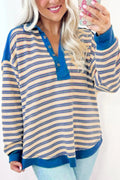 Striped Johnny Collar Long Sleeve Sweatshirt - CELIVINE