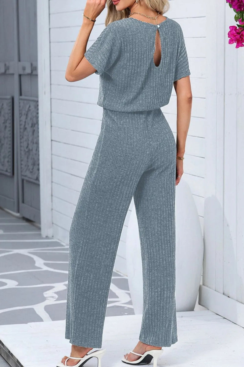 Ribbed Short Sleeve Wide Leg Jumpsuit - CELIVINE