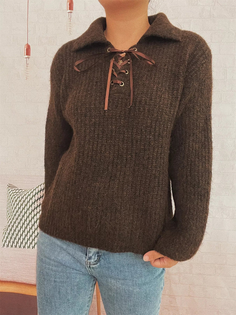 Lace Up Long Sleeve Sweater - CELIVINE