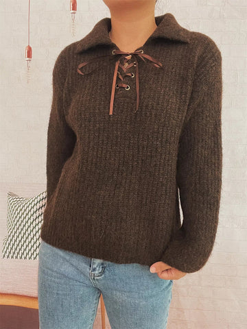 Lace Up Long Sleeve Sweater - CELIVINE