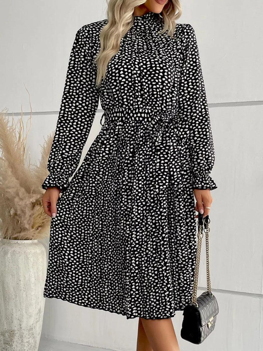 Animal Print Mock Neck Flounce Sleeve Dress - CELIVINE