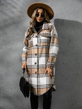 Plaid Collared Neck Long Sleeve Coat - CELIVINE