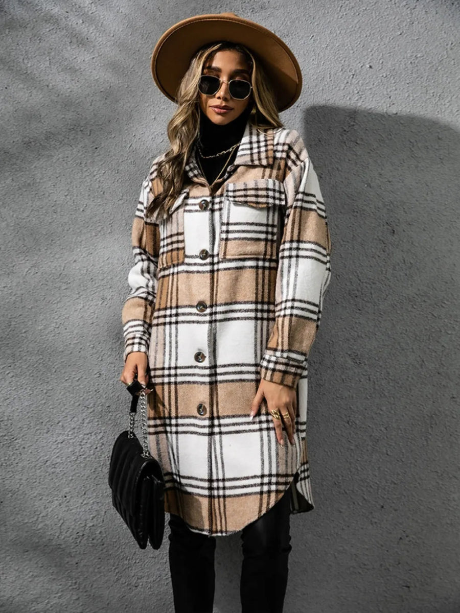 Plaid Collared Neck Long Sleeve Coat - CELIVINE