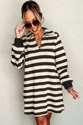 Contrast Striped Johnny Collar Long Sleeve Mini Dress - CELIVINE