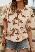 Horse Print Tie - Front Peplum Blouse - CELIVINE