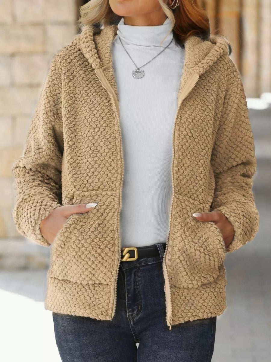 Textured Knit Zip - Up Hooded Outerwear - CELIVINE