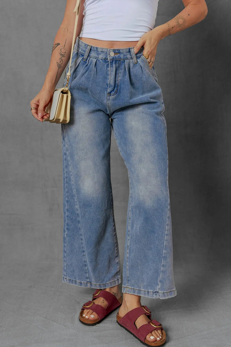 High - Waist Wide Leg Pleated Denim Jeans - CELIVINE
