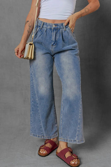 High - Waist Wide Leg Pleated Denim Jeans - CELIVINE