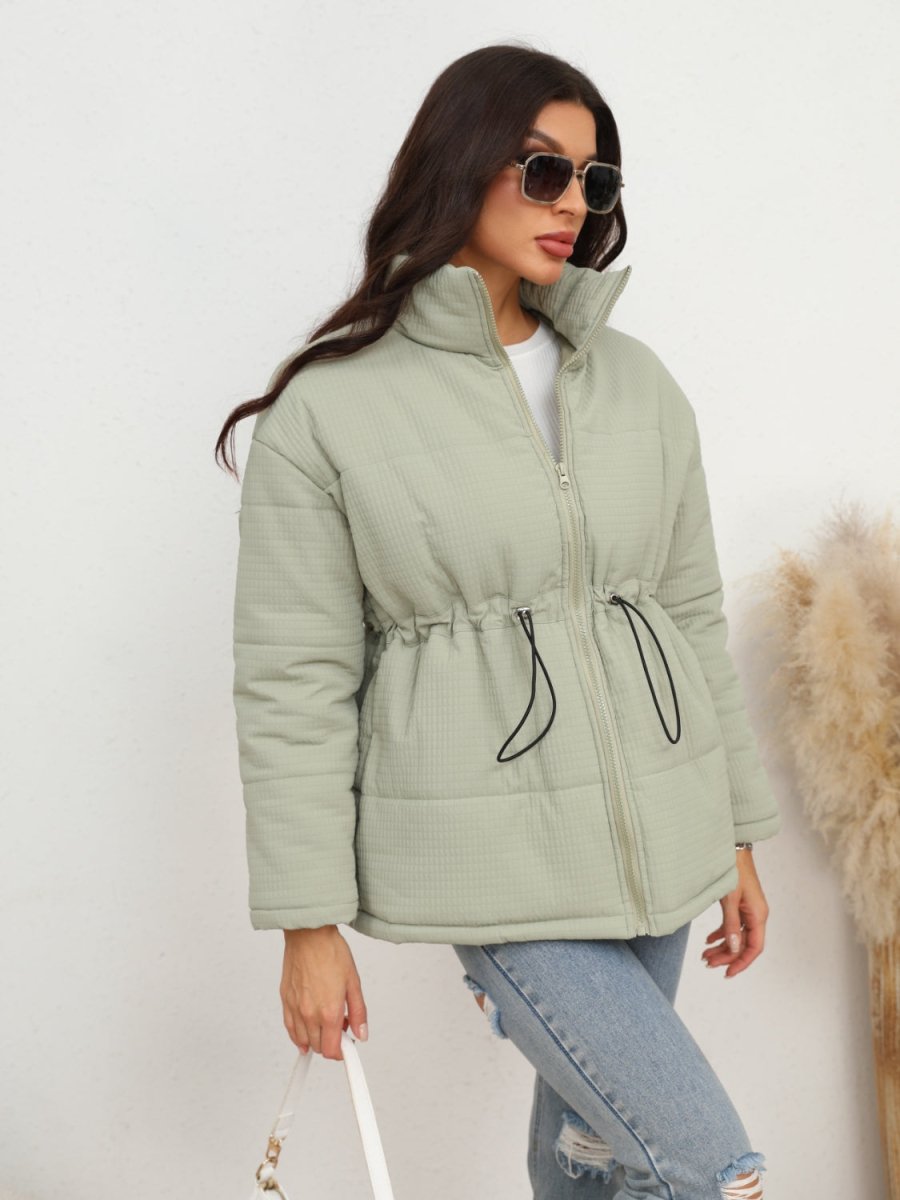 Drawstring Waist Zip - Up Puffer Jacket - CELIVINE