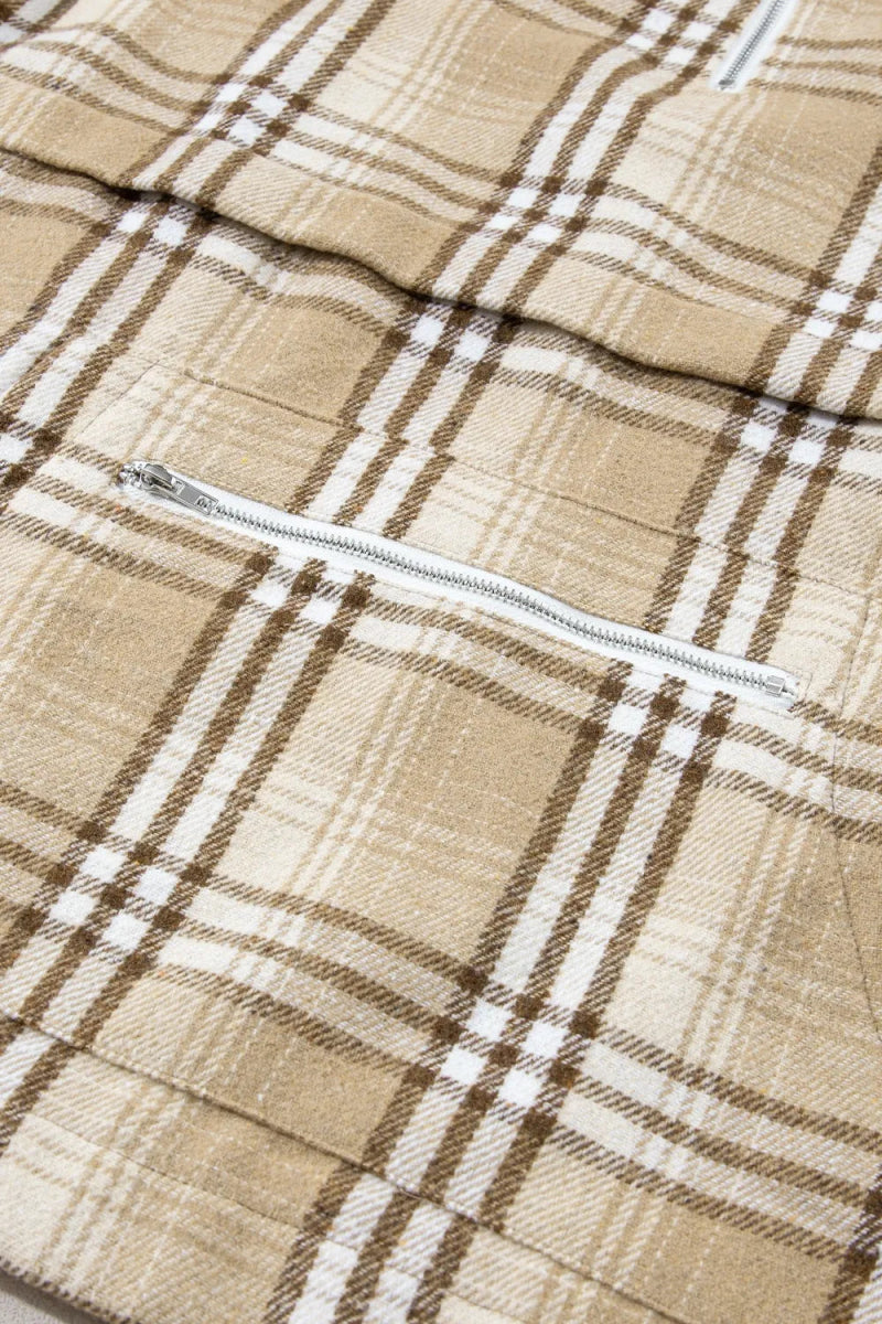 Drawstring Plaid Half Zip Raglan Sleeve Hoodie - CELIVINE