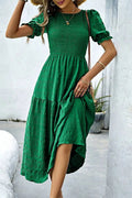 Smocked Puff Sleeve Midi Dress - CELIVINE
