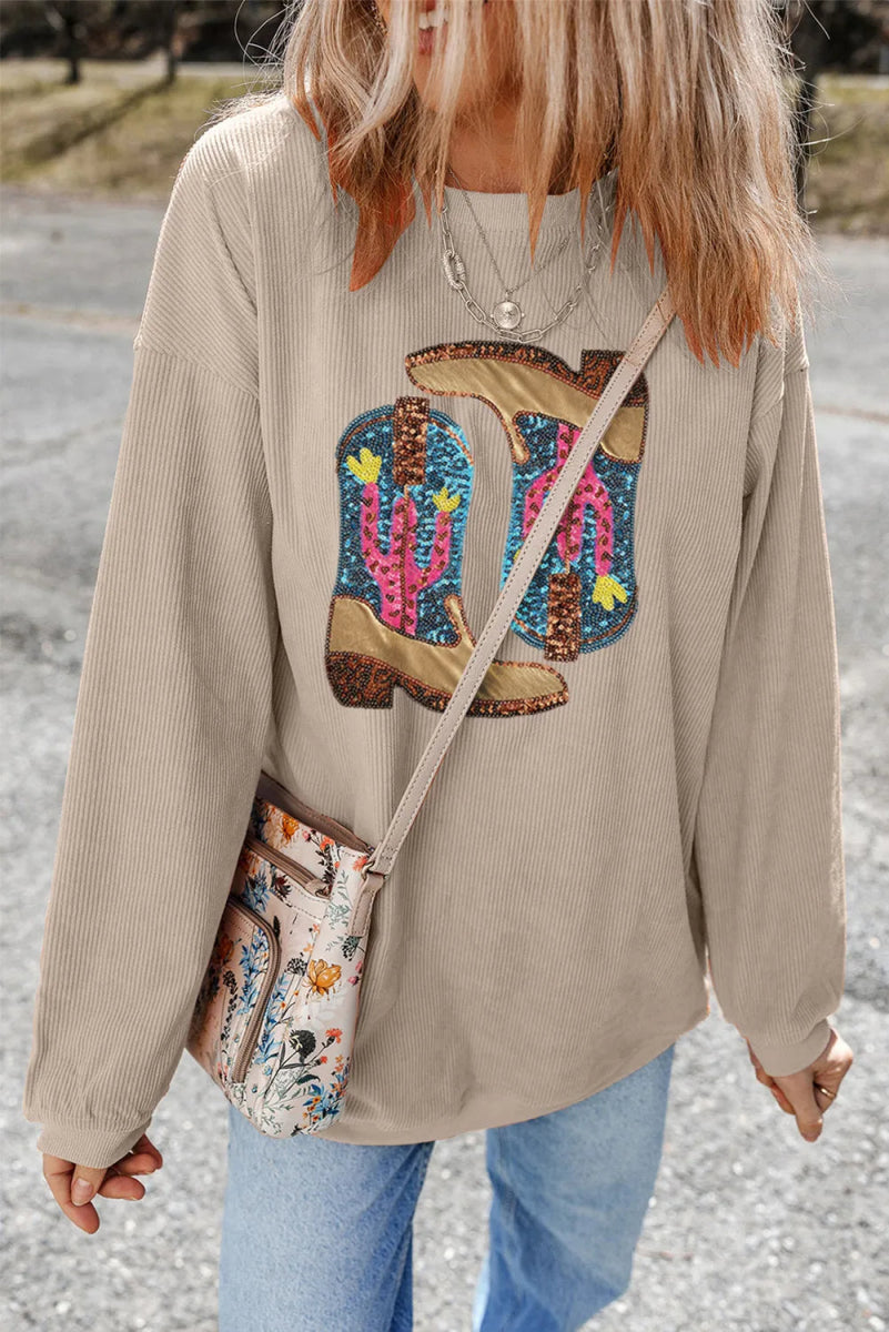 Full Size Sequin Boots Round Neck Long Sleeve Sweatshirt - CELIVINE