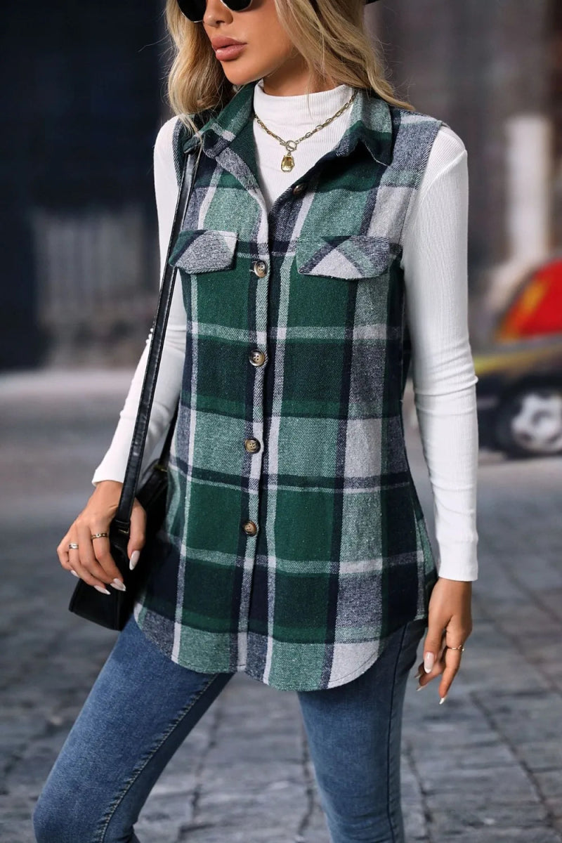 Plaid Button Up Vest Coat - CELIVINE