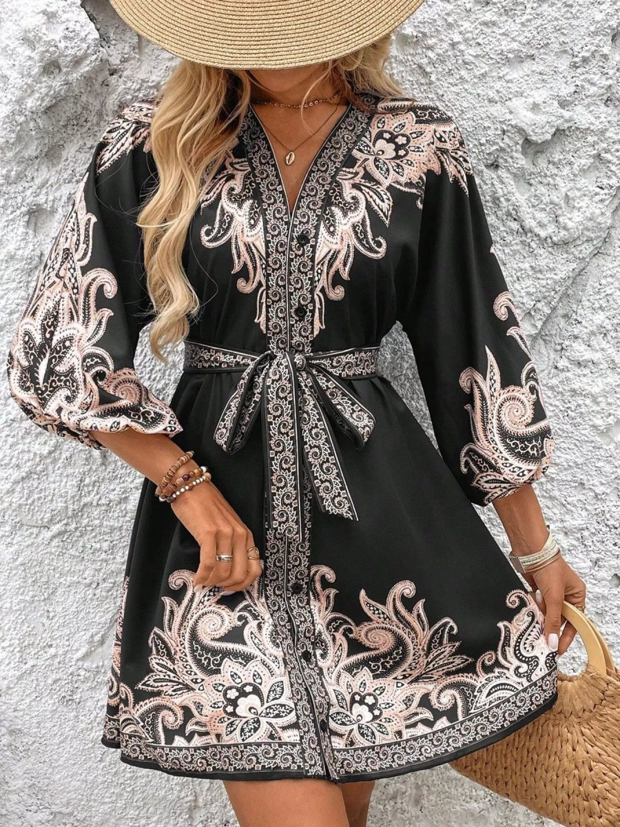 Printed Balloon Sleeve Mini Dress - CELIVINE