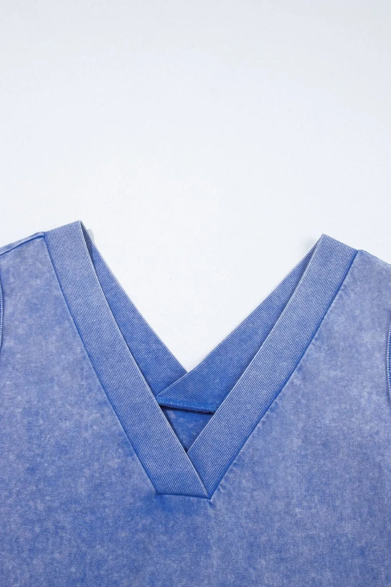 Mineral Wash Pocketed Sleeveless V Neck Loose Romper - CELIVINE