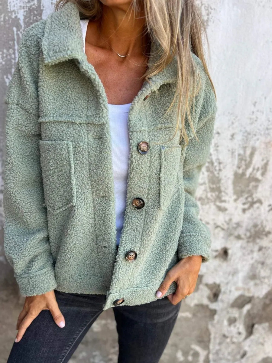 Full Size Fuzzy Button Up Drop Shoulder Jacket - CELIVINE