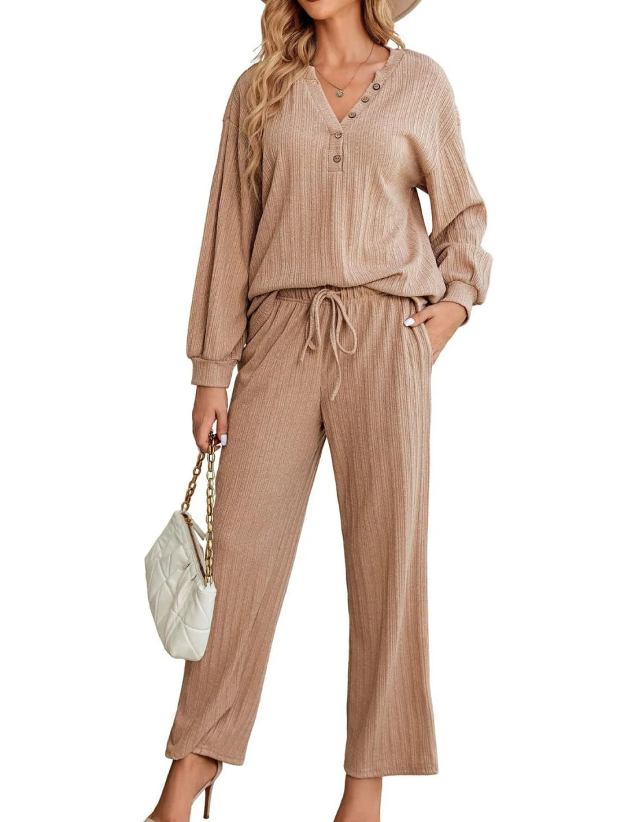 Ribbed Knit Top and Pants Lounge Set with Button Detail - CELIVINE