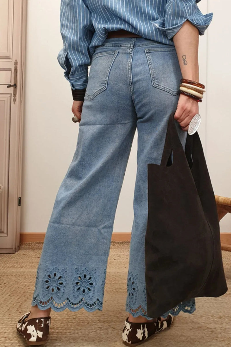Lace Detail Cropped Wide Leg Jeans - CELIVINE